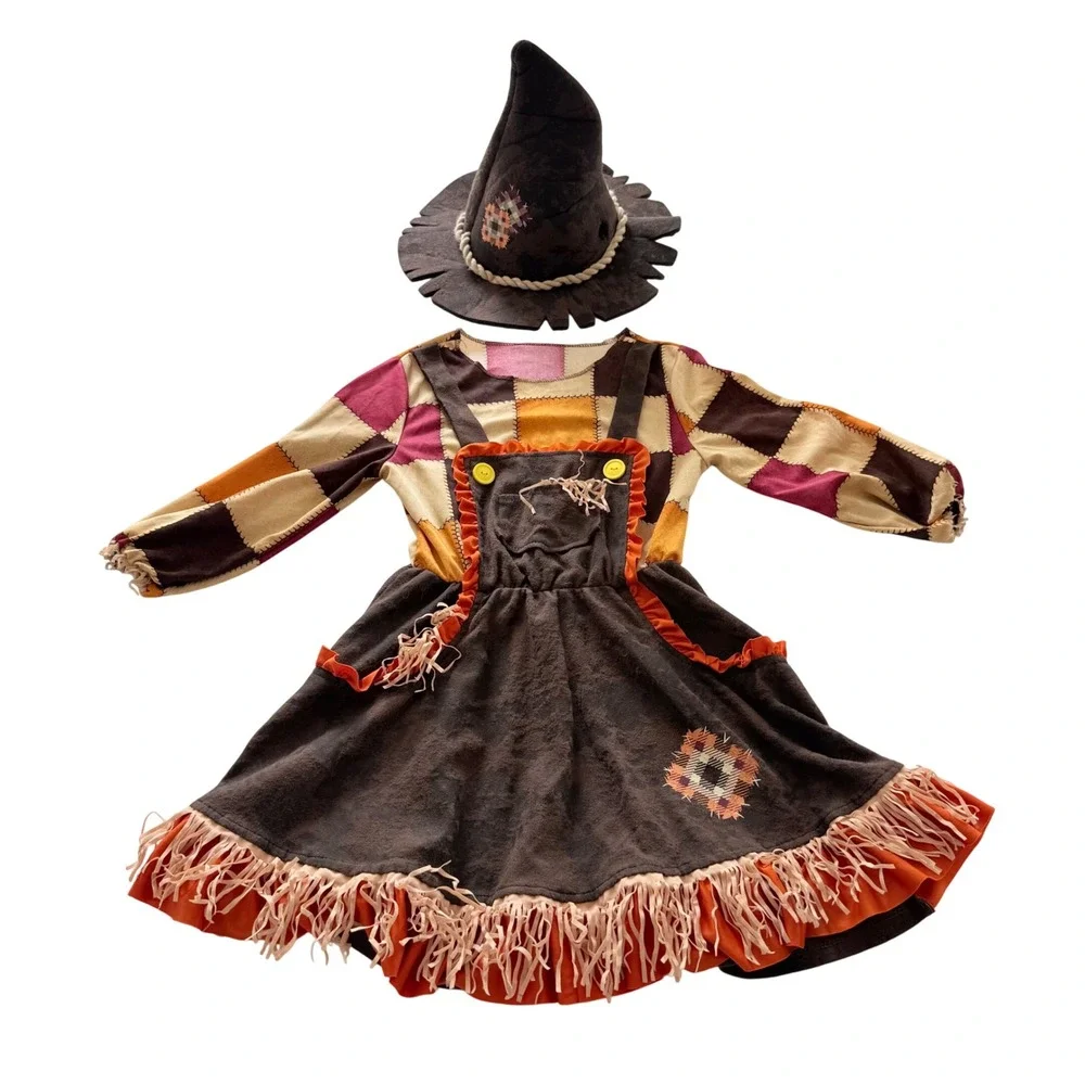 Scarecrow Costume Kids M Brown Orange Patchwork Dress with Hat